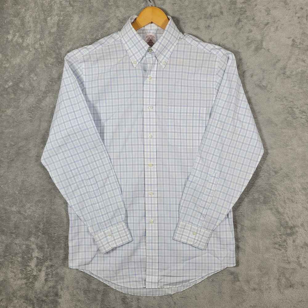 Brooks Brothers Dress Shirt Mens 14.5-33 Blue Madison Plaid Cotton